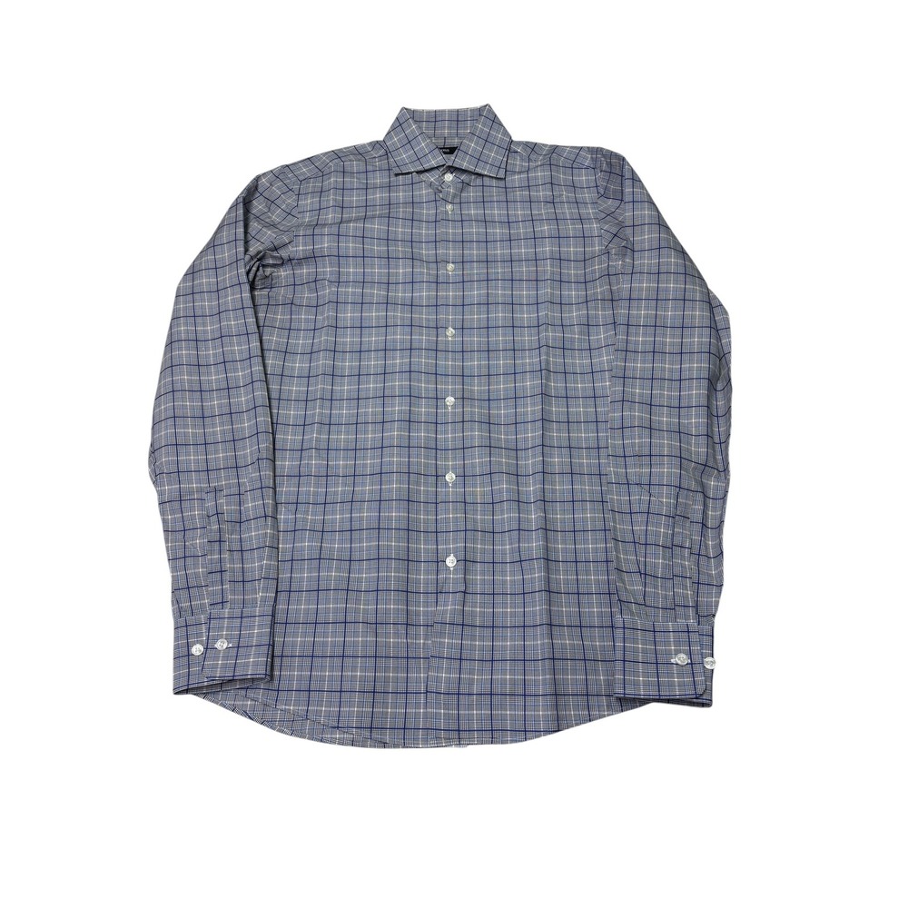 Hugo Boss Sharp Fit Blue Grey Plaid Cotton Dress Shirt Mens 15 34/35 Long Sleeve